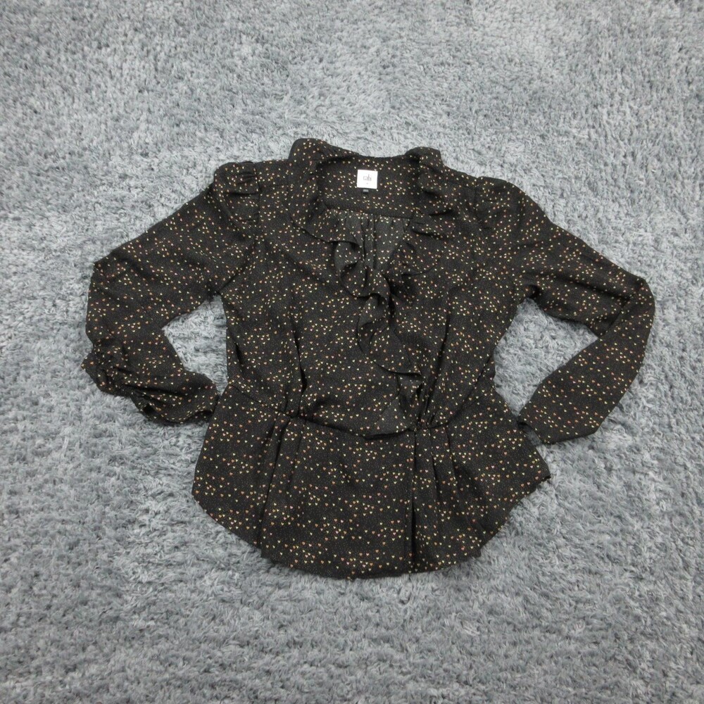 Cabi Blouse Womens Medium Black Ruffle Front Heart Print Long Sleeve Top 4154